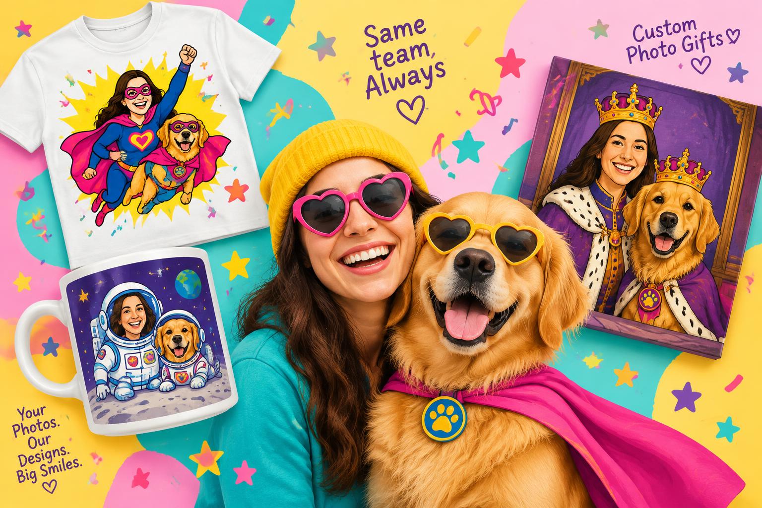A person and their dog turned into superhero, astronaut and royal portrait characters on a t-shirt, mug and canvas
